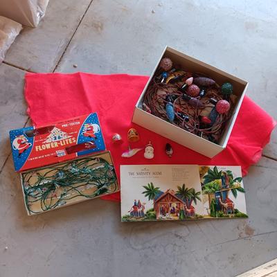 VINTAGE CHRISTMAS LIGHTS AND HALLMARK NATIVITY SCENE