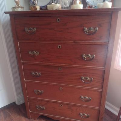 Vintage Tall Five Drawer Dresser- 33" x 17 3/4" x 49" (Top of Backsplash)