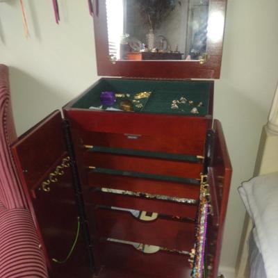 Wood Finish Jewelry Armoire Cabinet with Swing Doors, Drawers, and Flip Top Mirror- Approx 16" x 12 1/4" x 39 3/4" Tall