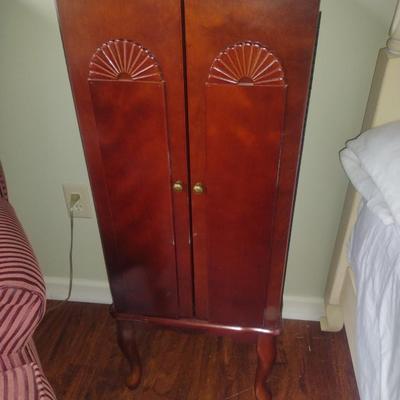 Wood Finish Jewelry Armoire Cabinet with Swing Doors, Drawers, and Flip Top Mirror- Approx 16" x 12 1/4" x 39 3/4" Tall