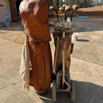 Large Lot of Two Vintage Golf Bags, Clubs and One Pair of Shoes