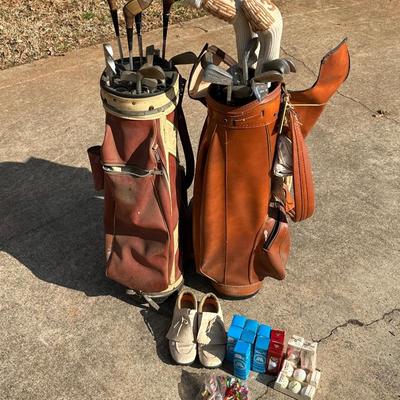 Large Lot of Two Vintage Golf Bags, Clubs and One Pair of Shoes