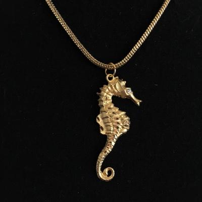 Gold, toned, vintage, seahorse, pendant, and necklace