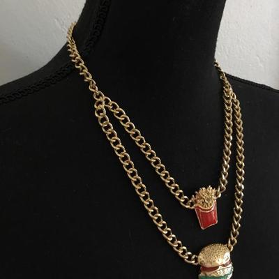 Mid century, gold tone, enamel, french fries, and hamburger statement necklace