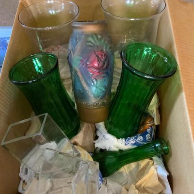 Large Lot of Misc Glass Vases of various sizes, shapes and colors