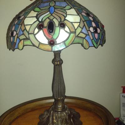 Metal Post Table Top Lamp with Stained Glass Shade- Approx 22 1/4" Tall