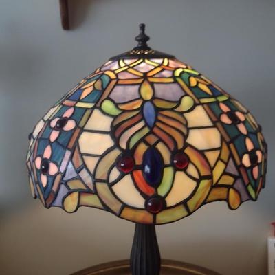 Metal Post Table Top Lamp with Stained Glass Shade- Approx 22 1/4" Tall
