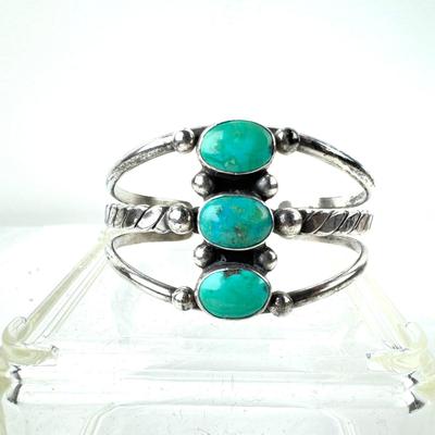 1234 Vintage Three Stone Navajo Carico Lake Turquoise Silver Cuff Bracelet