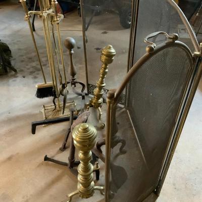 Lot of Older tools, log holders and screen for Fireplace