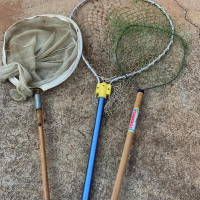 Lot of Fishing Equipment including 4 Vintage Reels and Nets
