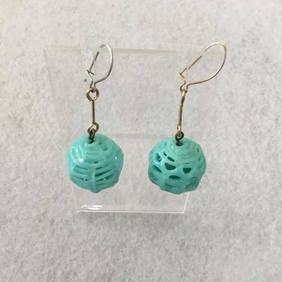 Rare, vintage, handcrafted, turquoise, colored glass, spiderwebbed, hollow glass ball dangling earrings