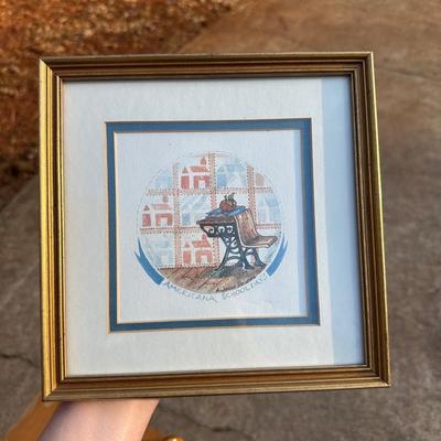 Vintage Wood & Iron School Chair and Small Framed Artwork