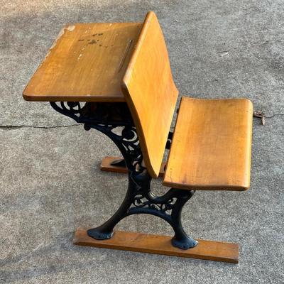 Vintage Wood & Iron School Chair and Small Framed Artwork