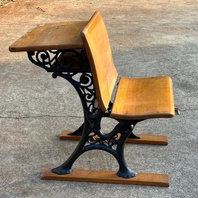Vintage Wood & Iron School Chair and Small Framed Artwork
