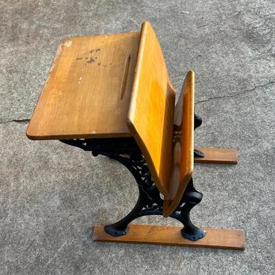 Vintage Wood & Iron School Chair and Small Framed Artwork