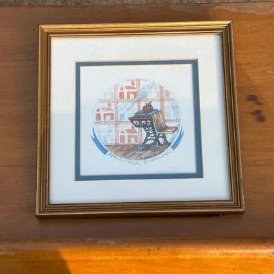 Vintage Wood & Iron School Chair and Small Framed Artwork