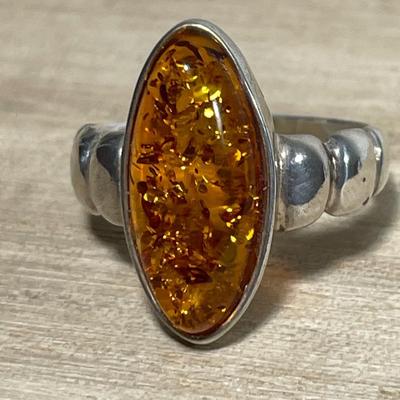 Amber Sterling Silver Ring 7