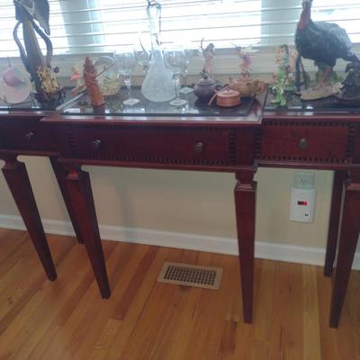 Wooden Three Drawer Breakfront Style Console Table with Granite Panel Inlay Top