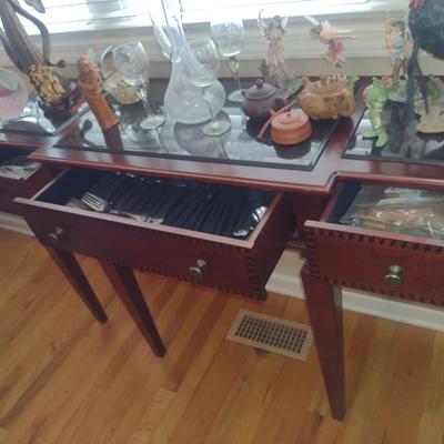 Wooden Three Drawer Breakfront Style Console Table with Granite Panel Inlay Top