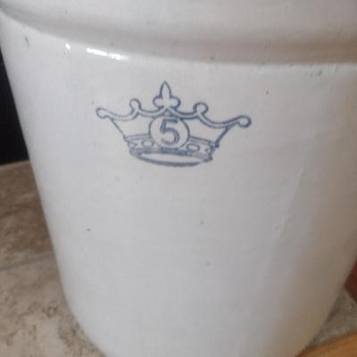 Vintage Pottery Crock with Lid and Handles- Five Gallon Size