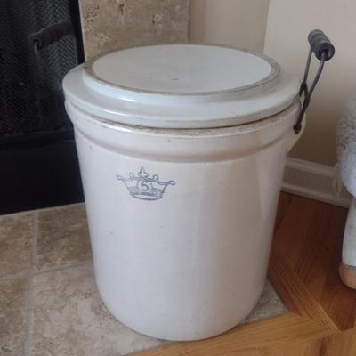 Vintage Pottery Crock with Lid and Handles- Five Gallon Size