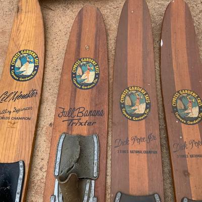 Lot of Vintage Cypress Garden Skis and a ski boat
