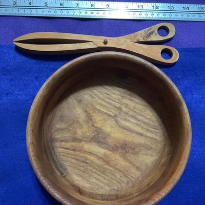 Handmade Tongs and wooden bowl.