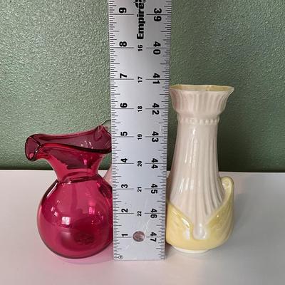 Vintage Chalet hand Blown Cranberry Glass, Vintage Belleek Ireland Vase (Lily pattern)
