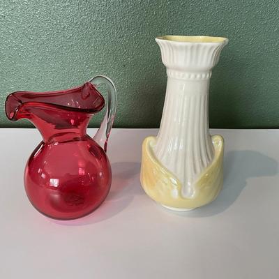 Vintage Chalet hand Blown Cranberry Glass, Vintage Belleek Ireland Vase (Lily pattern)