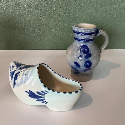 Vintage Hollander Delft Blue Ceramic Clog, Reinh Merkelbach Hohr Grenzhausen German Salt Glazed Cream Pitcher