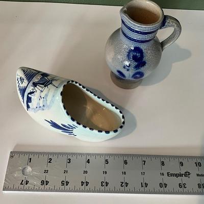 Vintage Hollander Delft Blue Ceramic Clog, Reinh Merkelbach Hohr Grenzhausen German Salt Glazed Cream Pitcher
