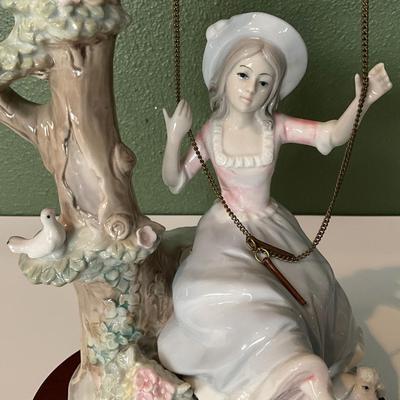LaVerona Collection Victorian Girl on Swing with poodles, Made in Japan