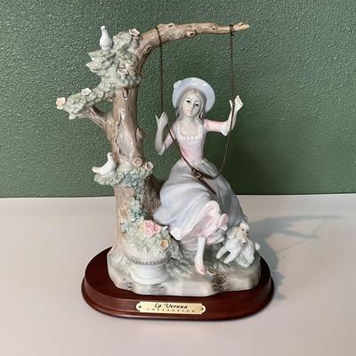 LaVerona Collection Victorian Girl on Swing with poodles, Made in Japan