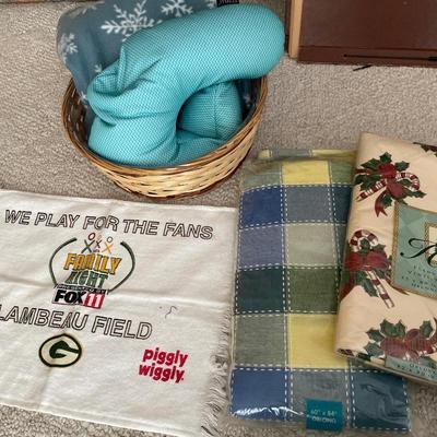 Lambeau Field hanky, table clothes, blanket and neck pillow