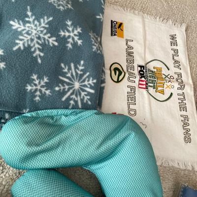 Lambeau Field hanky, table clothes, blanket and neck pillow