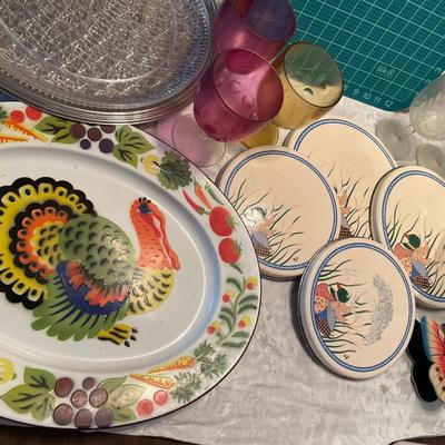 Platters, color goblets, burner covers, cookie press