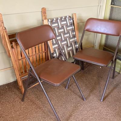 LOT 228: Folding Chairs - Wooden, Webbed Lawn and Two Metal Padded Seat Cosco