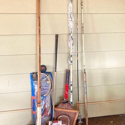 LOT 229: Vintage Sporting Goods Collection - Phil Esposito Street Hockey Stick, Burke Golf Putter, Fishing Rods, Spalding Tennis Racket,...
