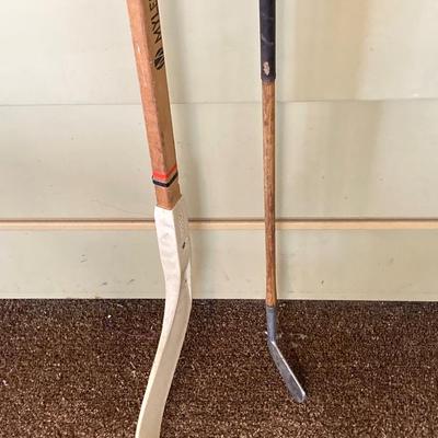 LOT 229: Vintage Sporting Goods Collection - Phil Esposito Street Hockey Stick, Burke Golf Putter, Fishing Rods, Spalding Tennis Racket,...