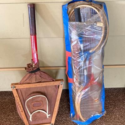 LOT 229: Vintage Sporting Goods Collection - Phil Esposito Street Hockey Stick, Burke Golf Putter, Fishing Rods, Spalding Tennis Racket,...