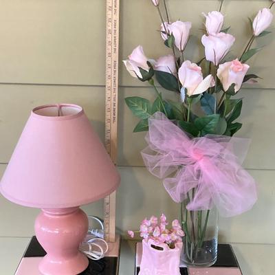 LOT 230: MCM Black and Pink Tile and Metal Plant Stand / Table with Pink Decor