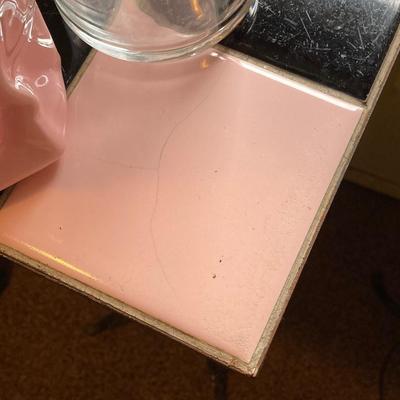 LOT 230: MCM Black and Pink Tile and Metal Plant Stand / Table with Pink Decor