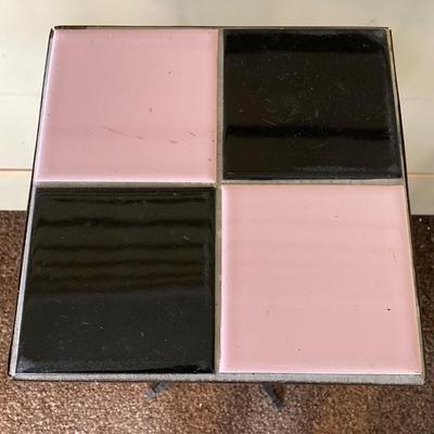 LOT 230: MCM Black and Pink Tile and Metal Plant Stand / Table with Pink Decor