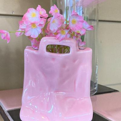 LOT 230: MCM Black and Pink Tile and Metal Plant Stand / Table with Pink Decor