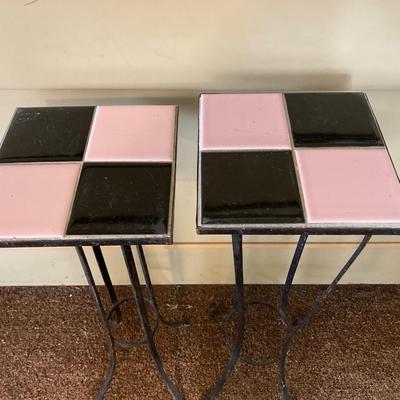 LOT 230: MCM Black and Pink Tile and Metal Plant Stand / Table with Pink Decor