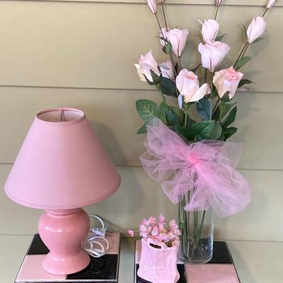 LOT 230: MCM Black and Pink Tile and Metal Plant Stand / Table with Pink Decor