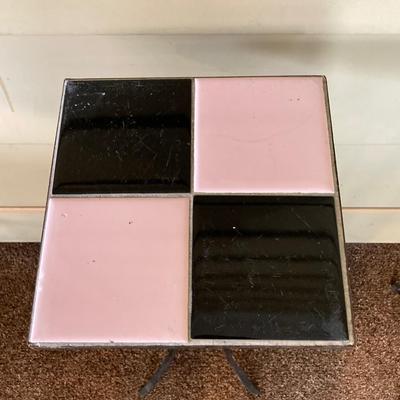 LOT 230: MCM Black and Pink Tile and Metal Plant Stand / Table with Pink Decor