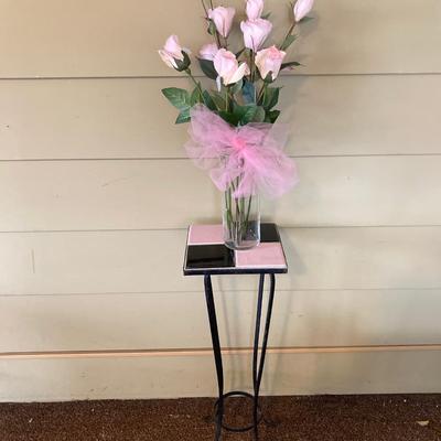 LOT 230: MCM Black and Pink Tile and Metal Plant Stand / Table with Pink Decor