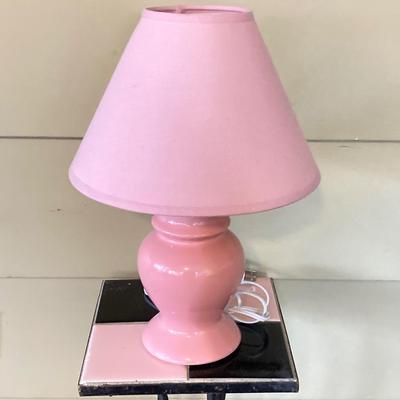 LOT 230: MCM Black and Pink Tile and Metal Plant Stand / Table with Pink Decor