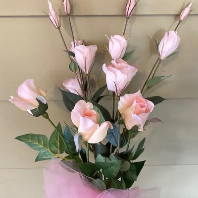 LOT 230: MCM Black and Pink Tile and Metal Plant Stand / Table with Pink Decor